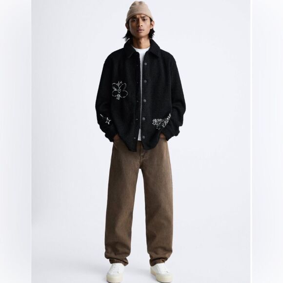 Zara Other - Zara Black Embroidered Faux Shearling Streetwear Utility Overshirt Size L/XL